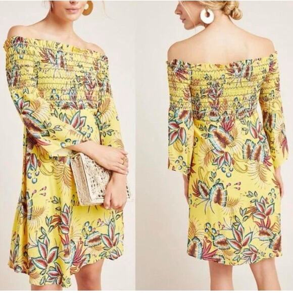 Anthropologie Dresses & Skirts - Anthropologie Farm Rio Bria Smocked‎ Mini Dress Yellow Tropical Print Size S